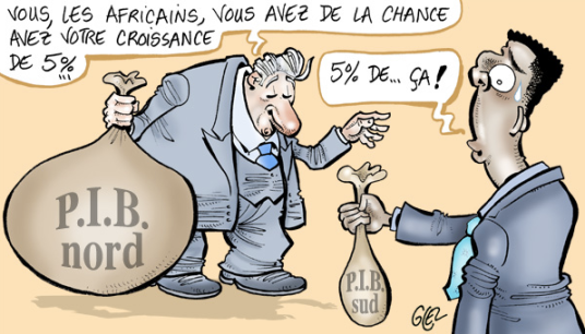 White man holding Global North's GDP: "You Africans, you're so lucky with your 5% growth rate..." / Black man holding Global South's GDP: "5% of... this much!" Cartoon by Glez published in Jeune Afrique